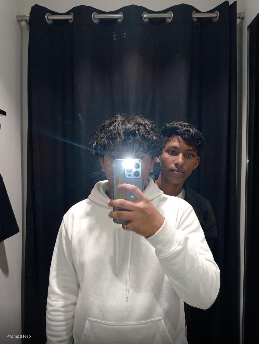 AI generated: Buatlah foto ini sedang berfoto miror dikaca dengan menggunakan HP iphone 15 dengan flash,sehingga m...