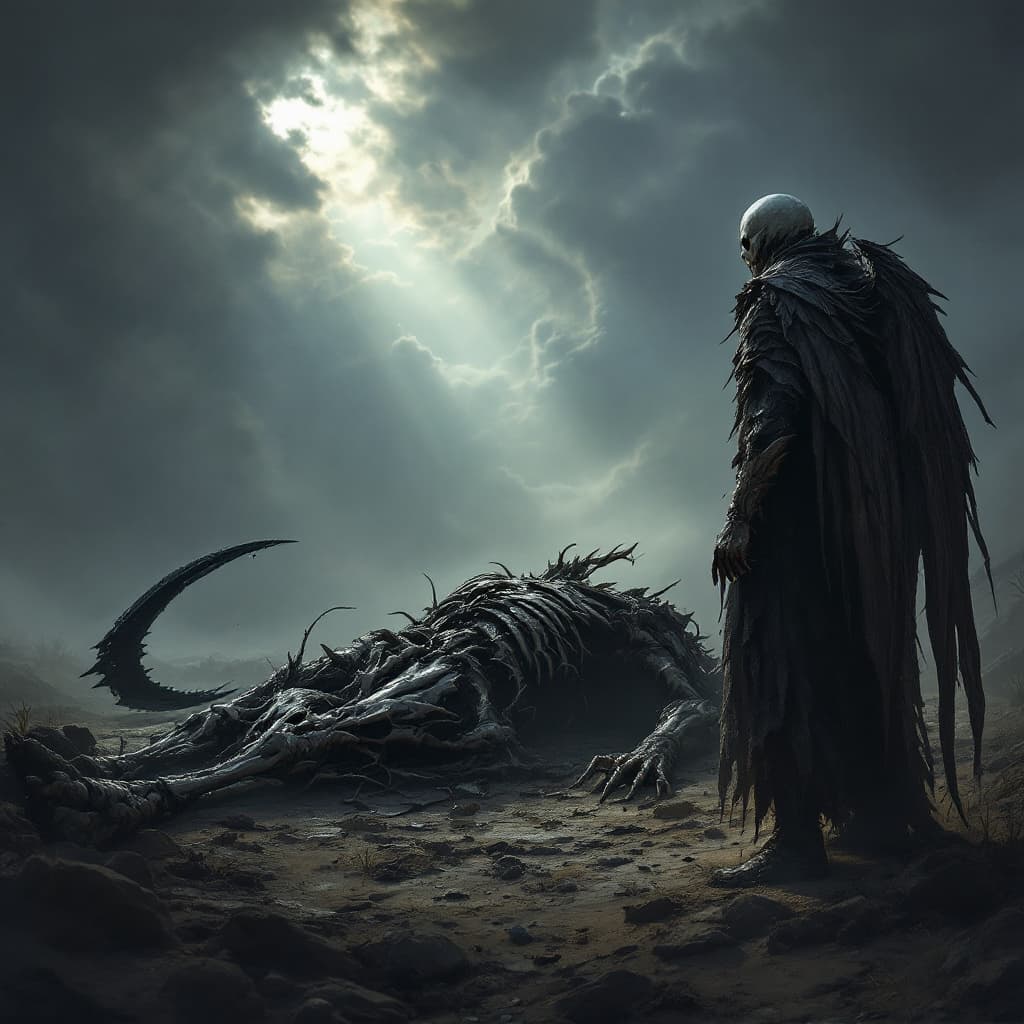AI generated: A dramatic image of the death-like draconian creature lying defeated on the ground, its body crumple...