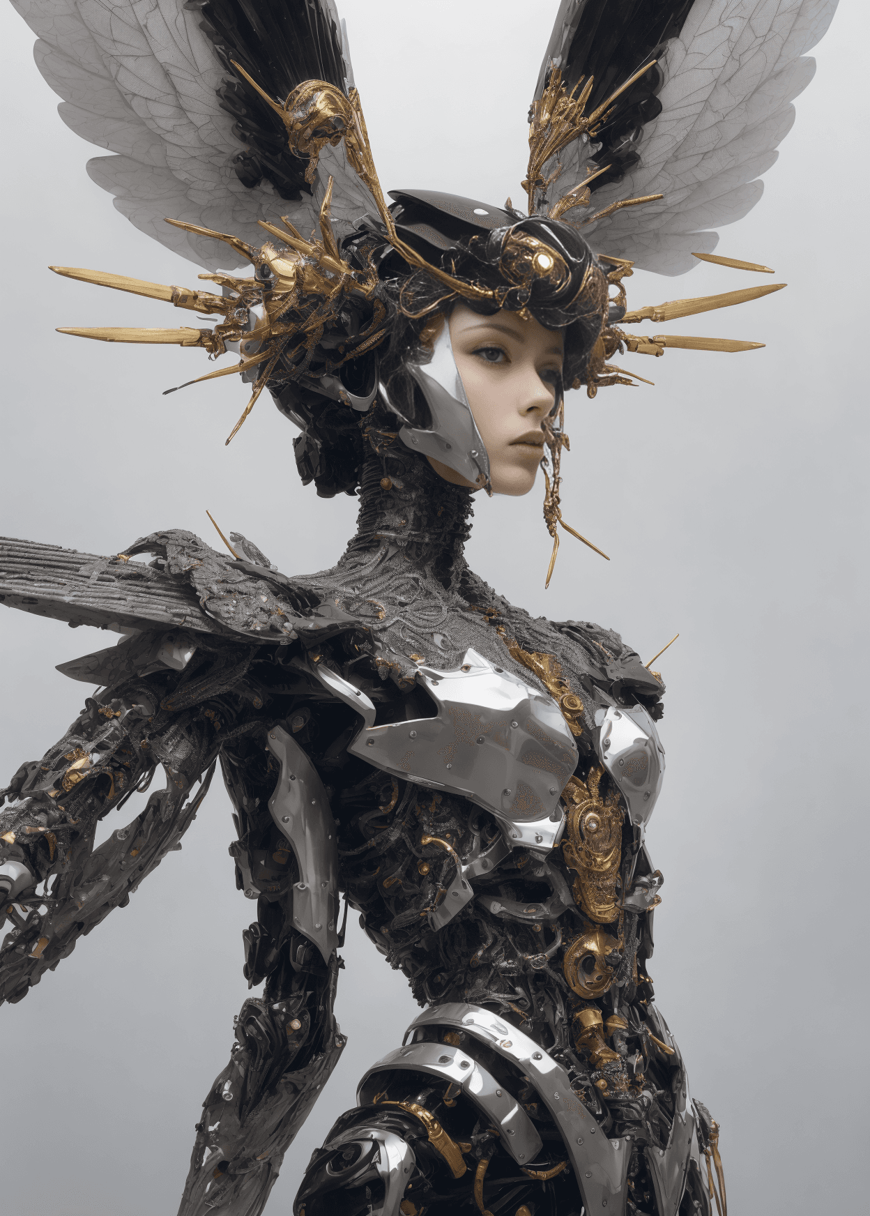 AI generated: 4k (full body photo:1.2) of mechanical angel queen, dark futuristic art style, shiny and smooth surf...