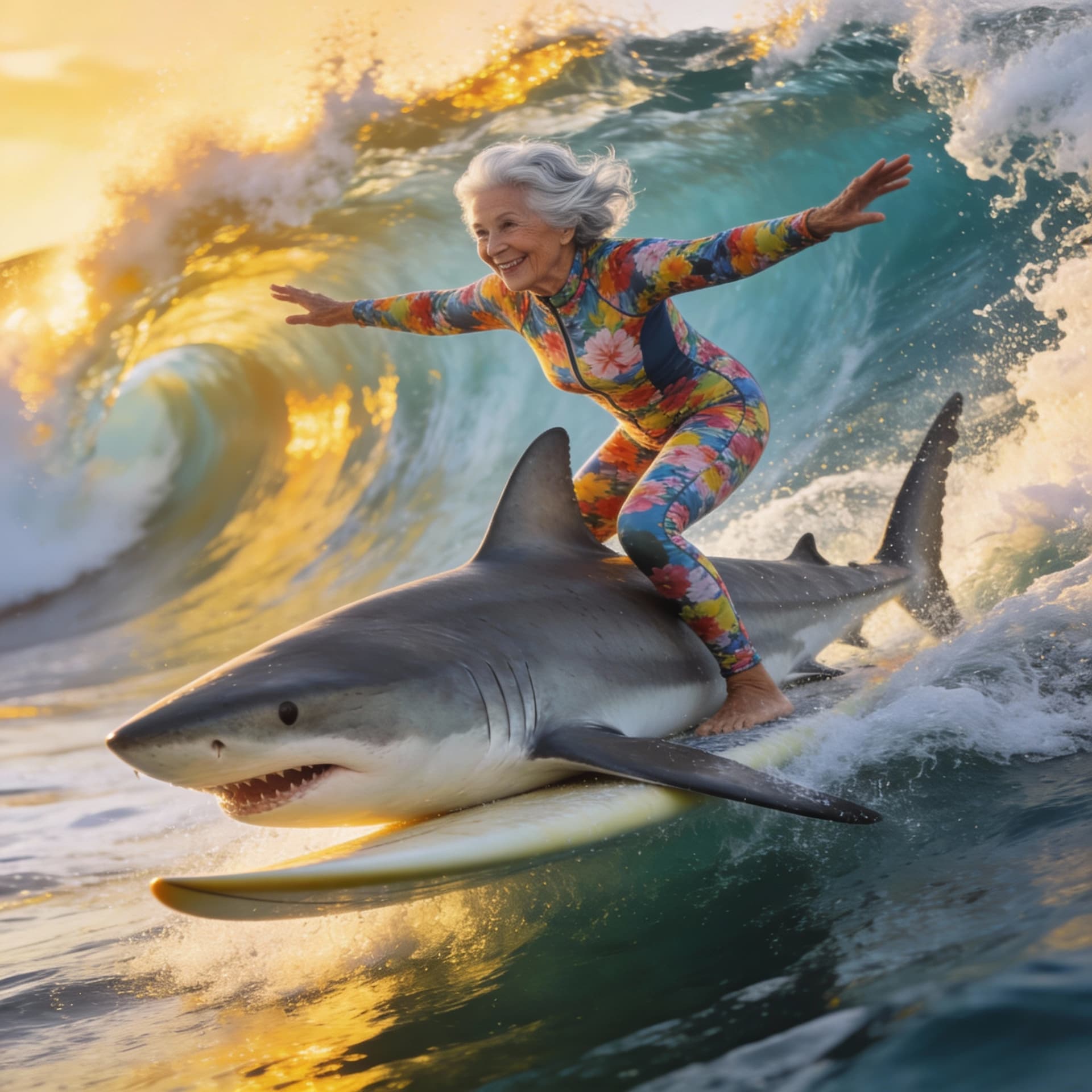 AI generated: A cheerful and energetic old lady surfing the waves on a shark