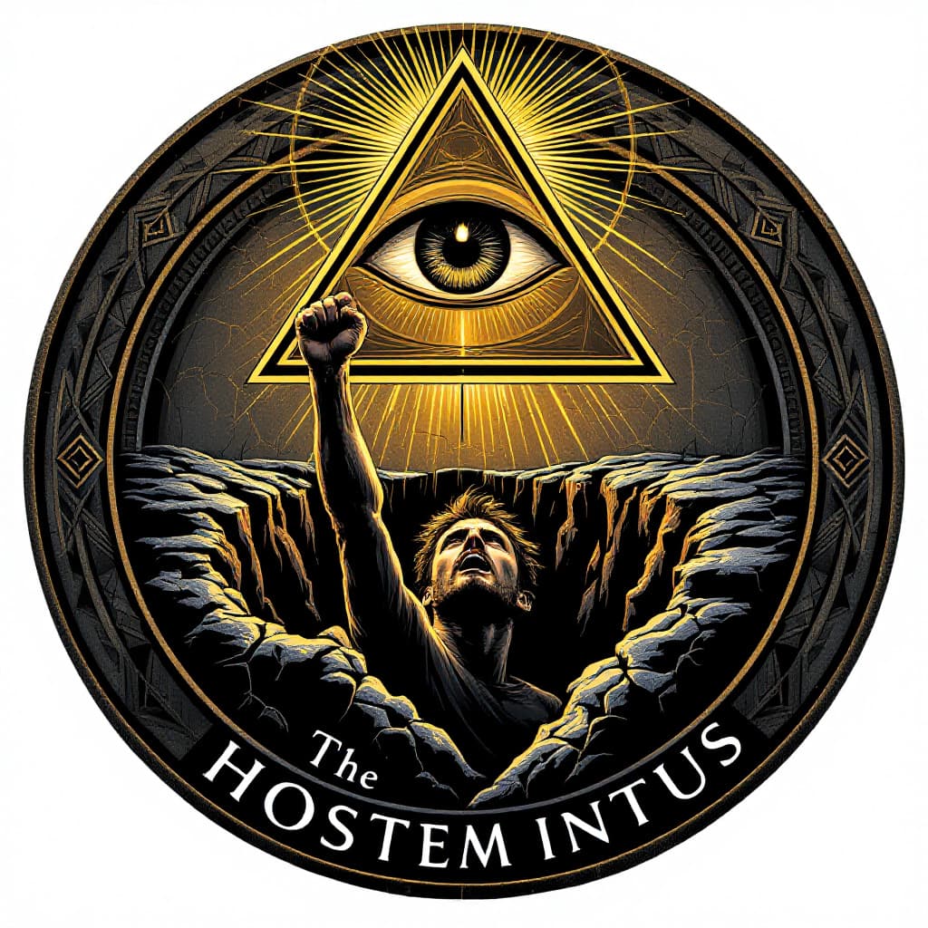 AI generated: “An emblem that embodies the concept of internal threat and struggle. At the center, a man with a de...