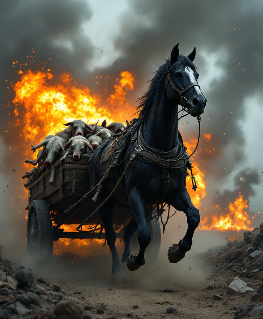 AI generated: a black horse is dragging a cart with wounded animals in it. the horse is strong but tired and has n...