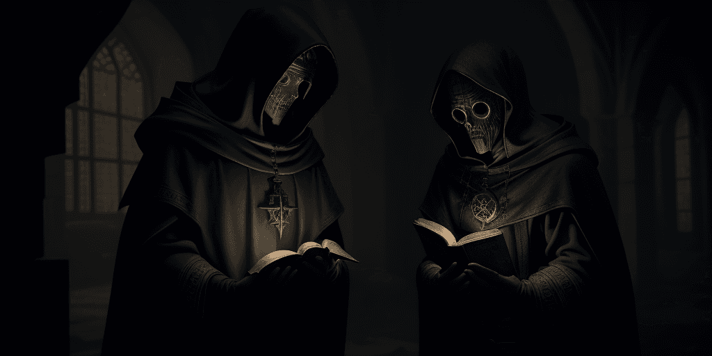 AI generated: hooded medieval librarian exploring forbidden knowledge of the high eldritch gods, highly detailed, ...