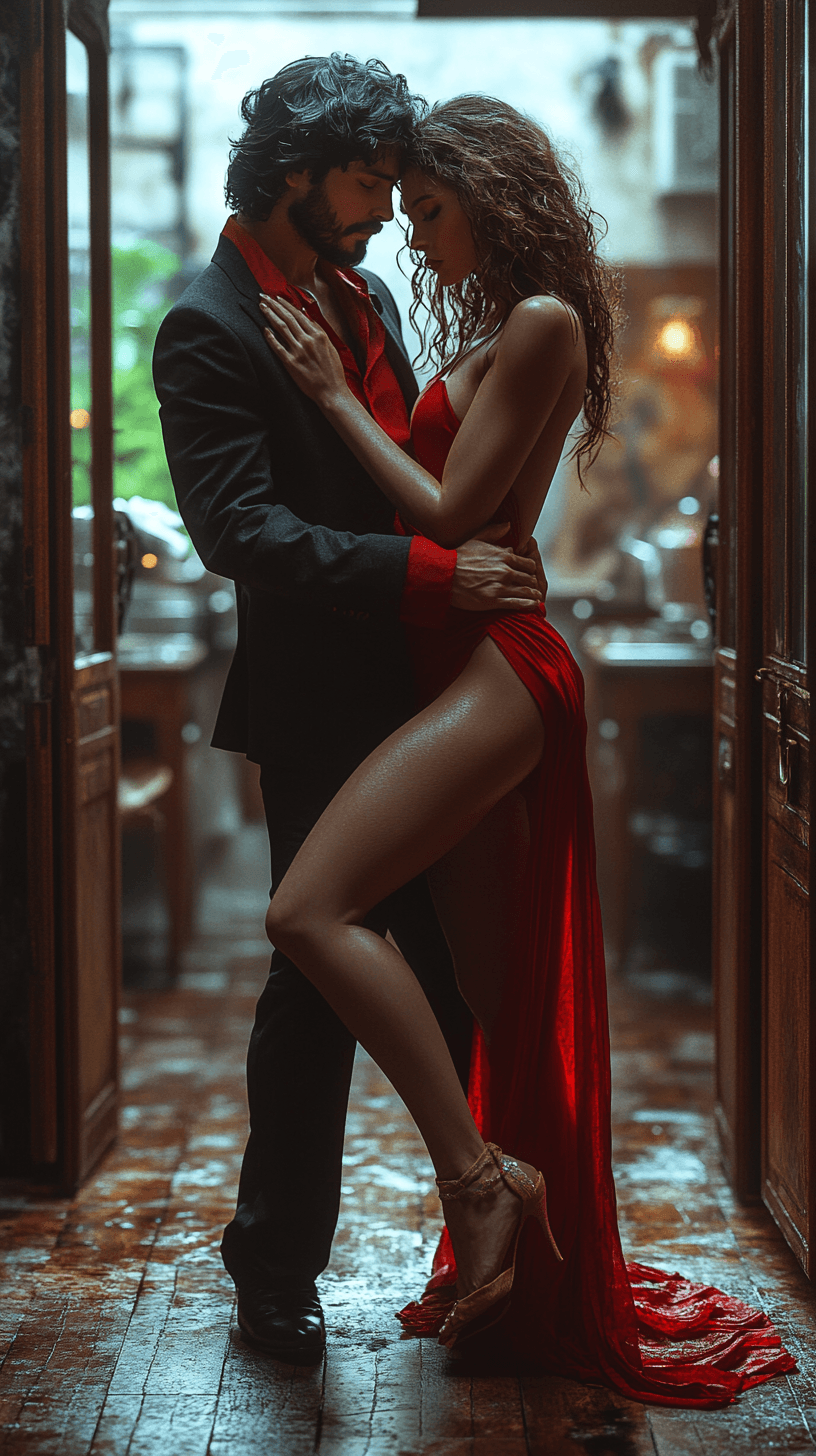 AI generated: A passionate Argentine tango couple in a dramatic dance position. The man wears a sharp black suit w...