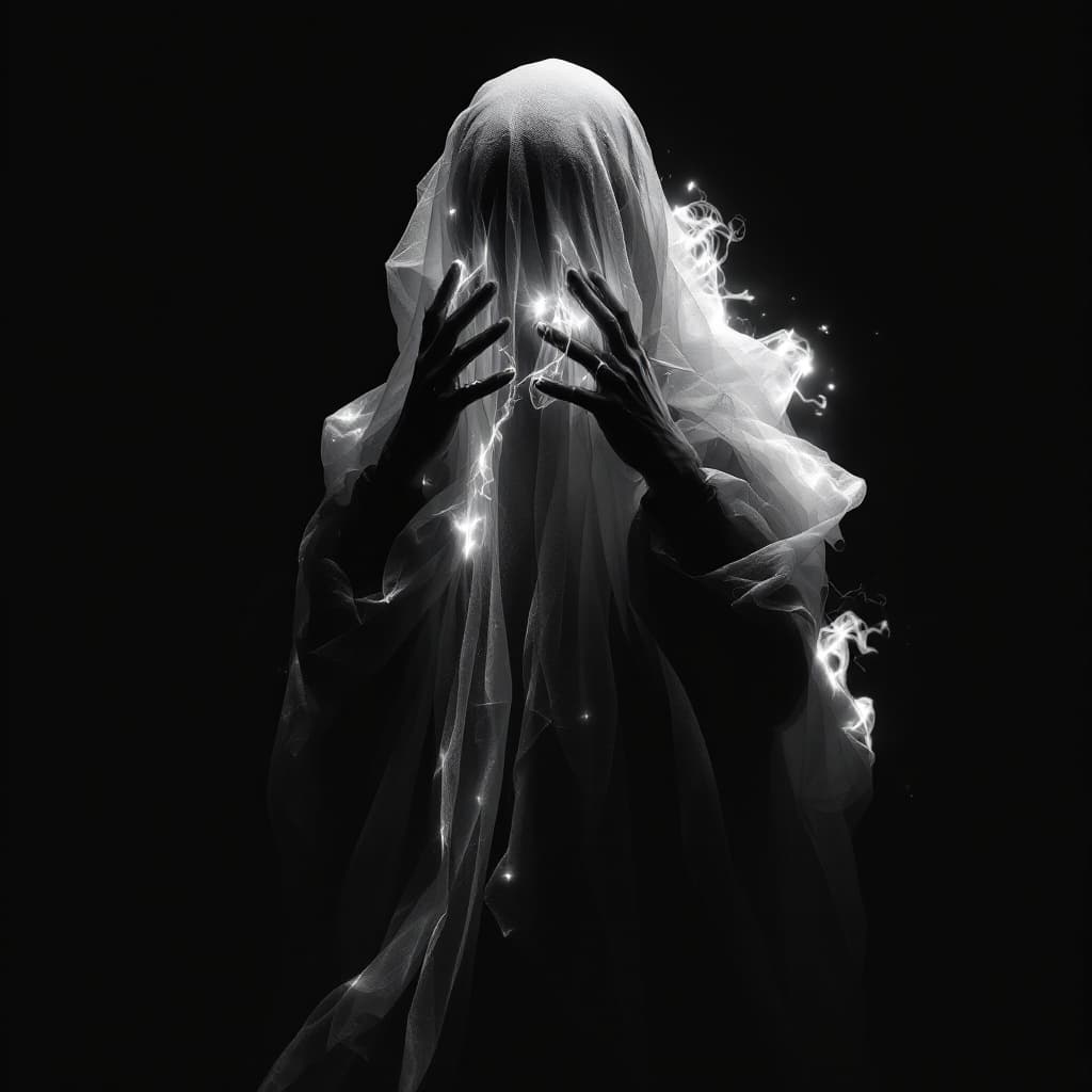 AI generated: image of a person enveloped in a shroud-like material, appears to be merging with the air around the...