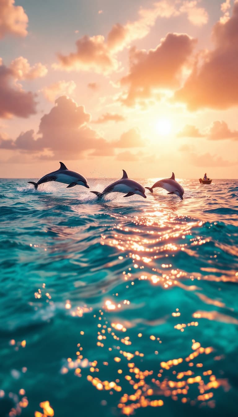 AI generated: Cinematic wide shot of crystal clear turquoise ocean at sunrise, dolphins jumping through golden mor...