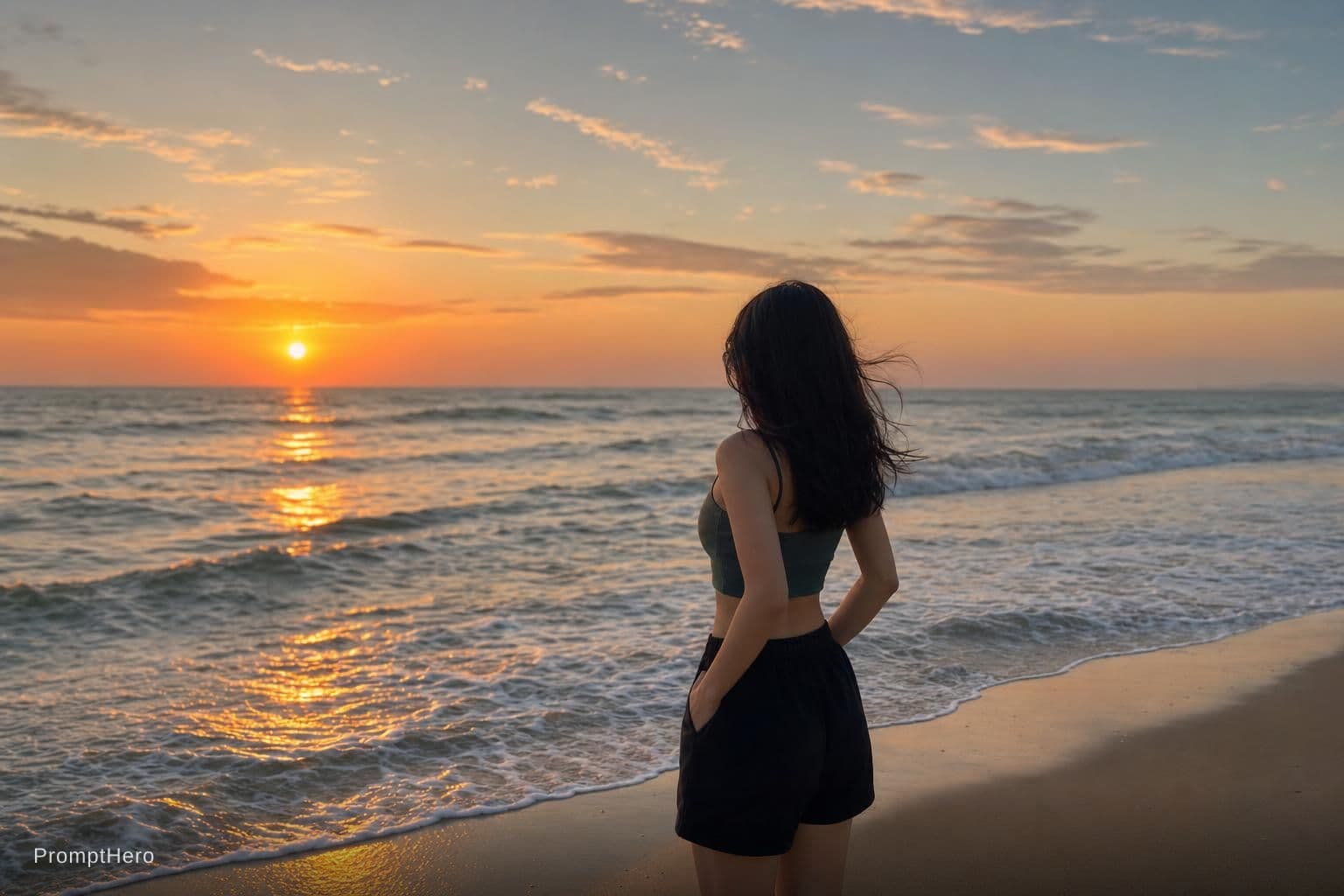 AI generated: Ultra realistic cinematic beach sunset video, 17 seconds duration, vertical format 9:16. 
A young wo...