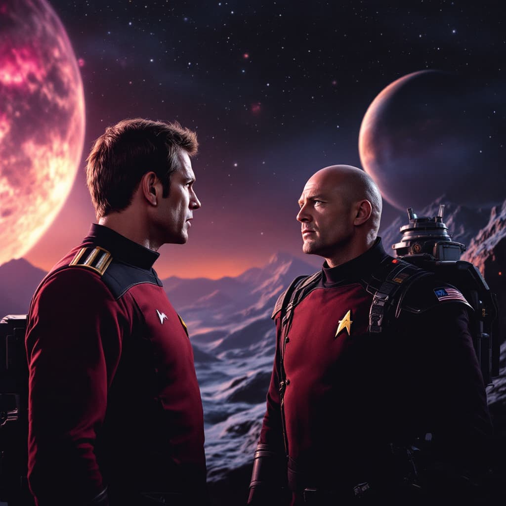 AI generated: Commander James T kirk of Enterprise speak to commander John Koenig of moon base  alpha on a alien p...