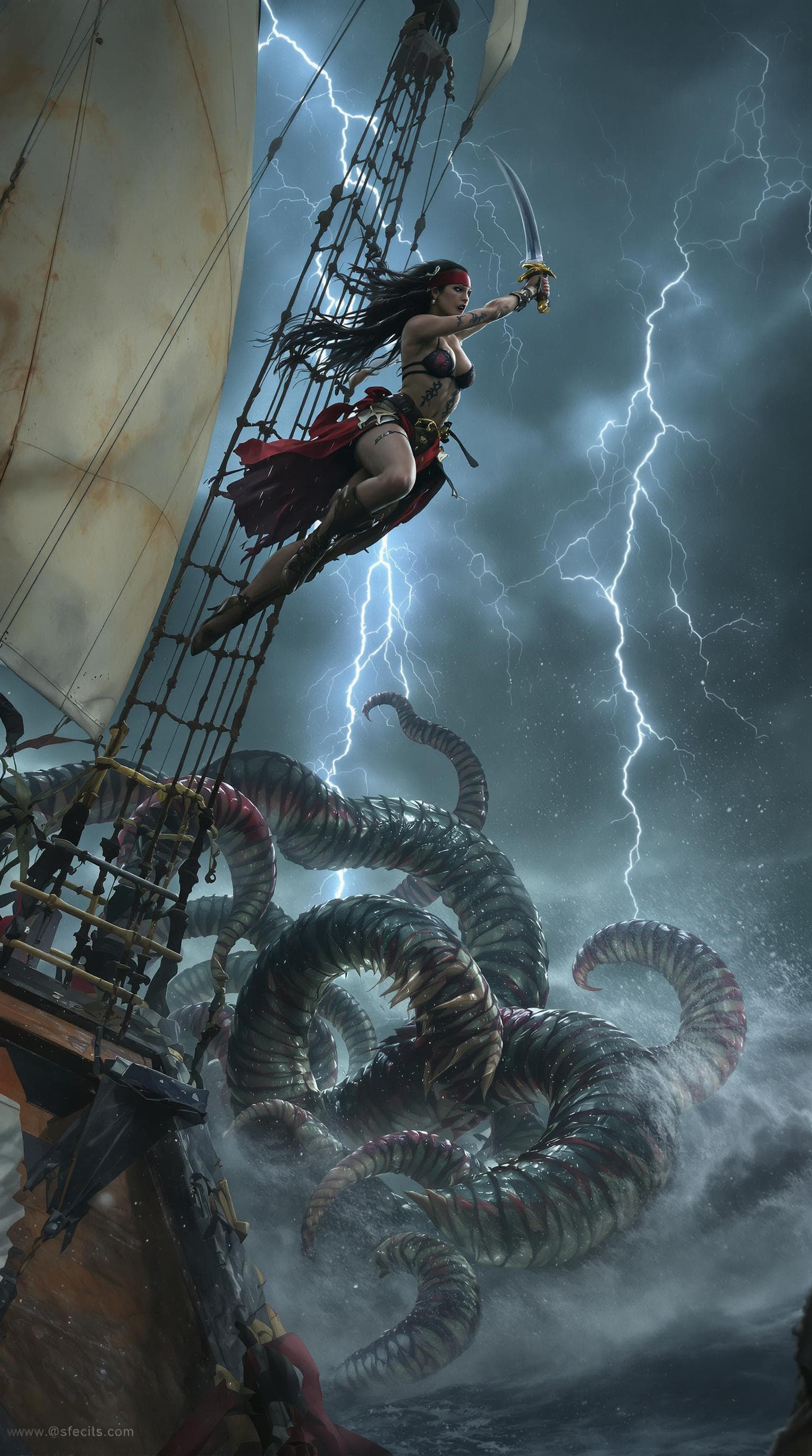 AI generated: Movie quality Side view Action scene: Amidst the tempestuous Caribbean sea, a beautiful but fierce a...
