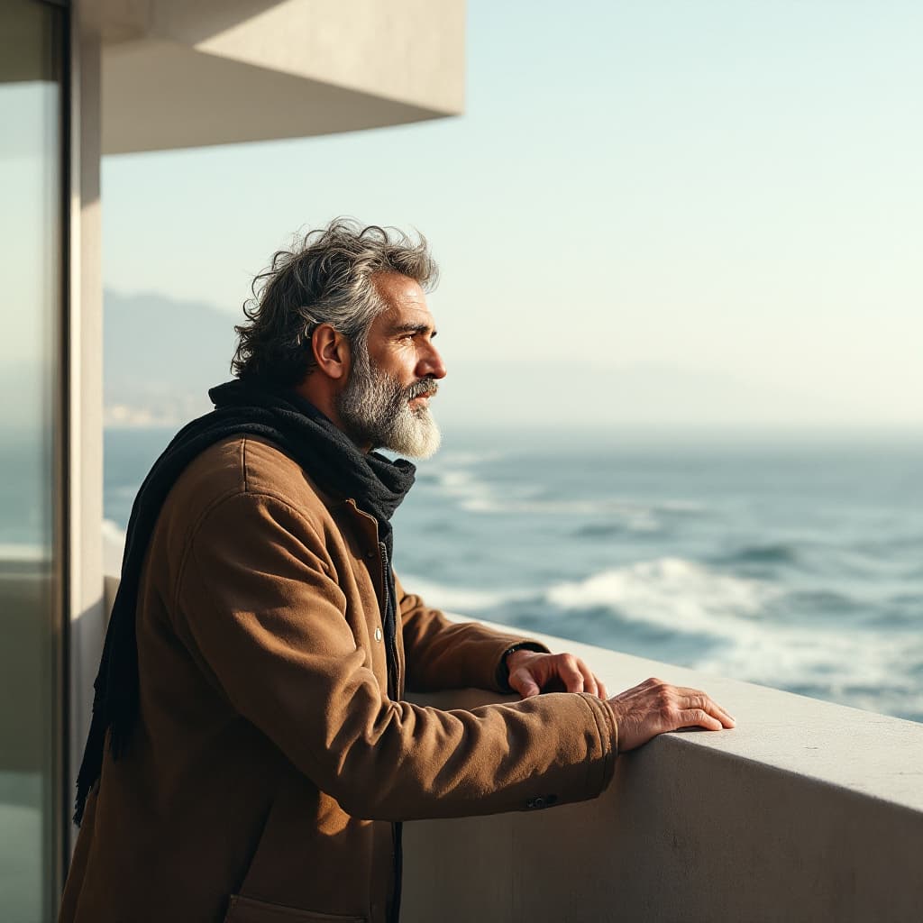 AI generated: Hyper realistic eye level exterior photo of a 35 year young kashmiri man overlooking the ocean, dayl...