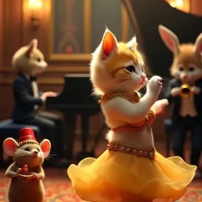 AI generated video: cat dance and mouse beat drum dog ring piano rabbit horn