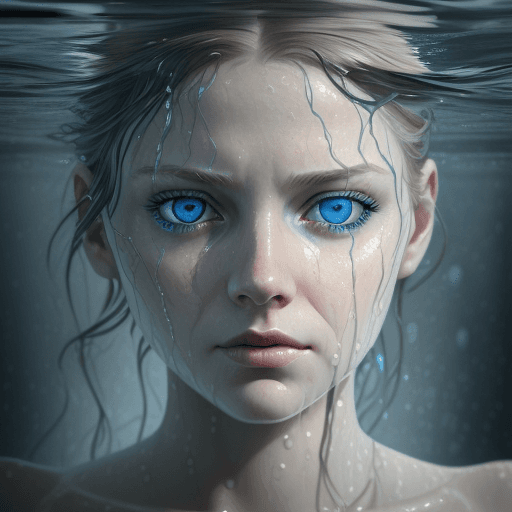 AI generated: the face of woman with beautiful blue eyes, in water, in the style of dystopian realism, realistic p...