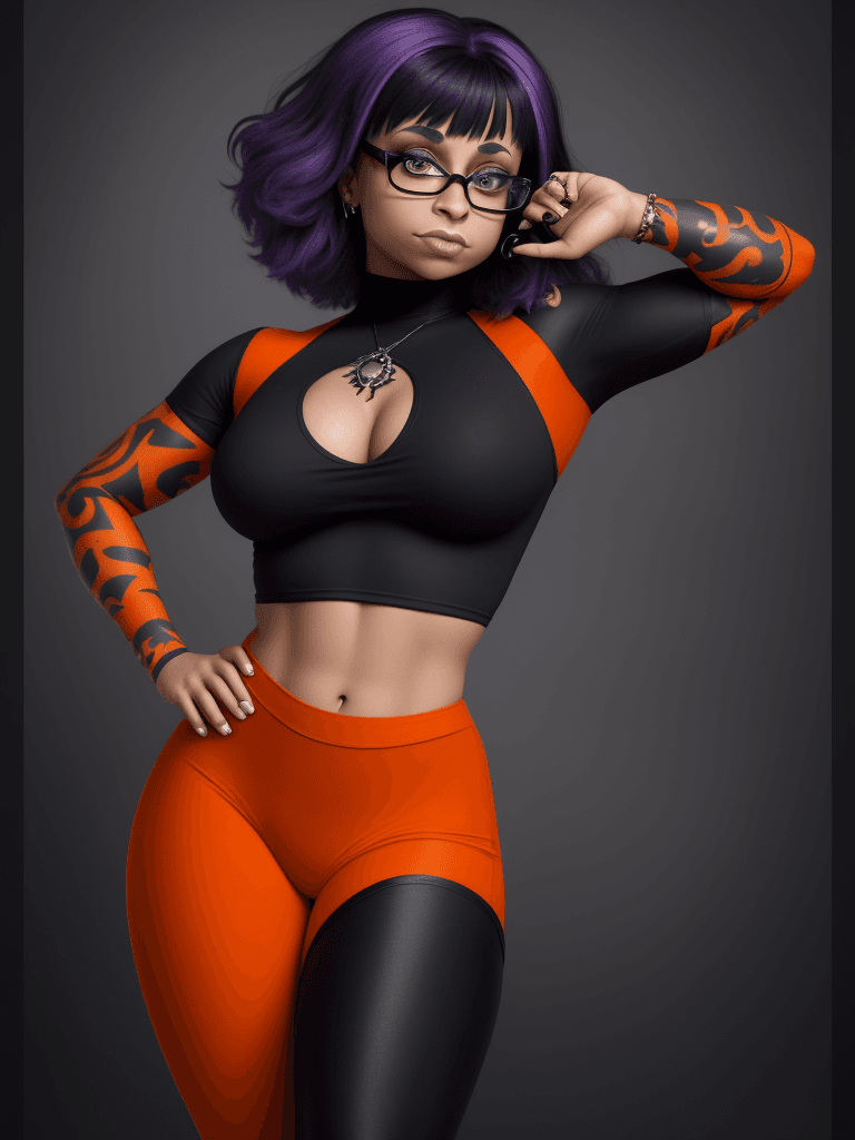AI generated: ((RAVEN SYMONE)) as velma from scooby-doo, beautiful charismatic girl, showing piercing, athletic bo...