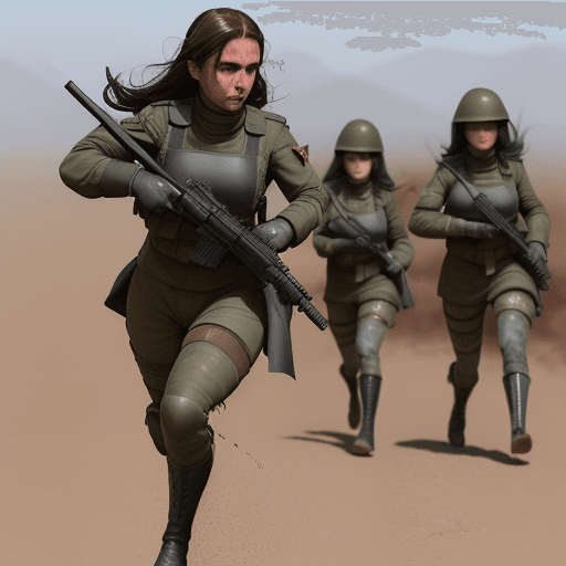 AI generated: Soldado femenino sexy , large pechos, pecado superior, Sin arma, Cuerpo completo y sus pies caminand...