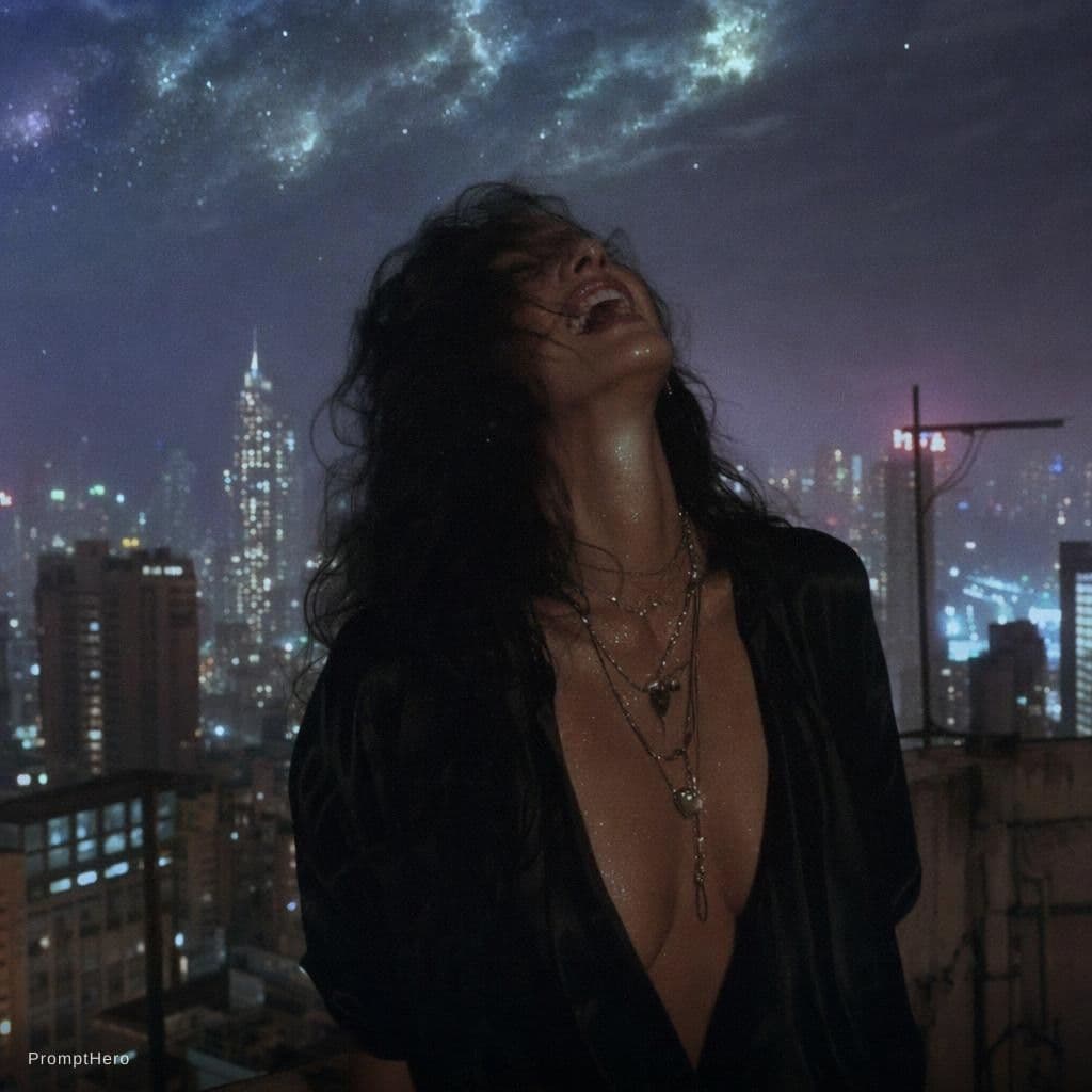 AI generated: A grainy, high-ISO rooftop documentary scene captures a tall, statuesque woman with long, dark, wind...