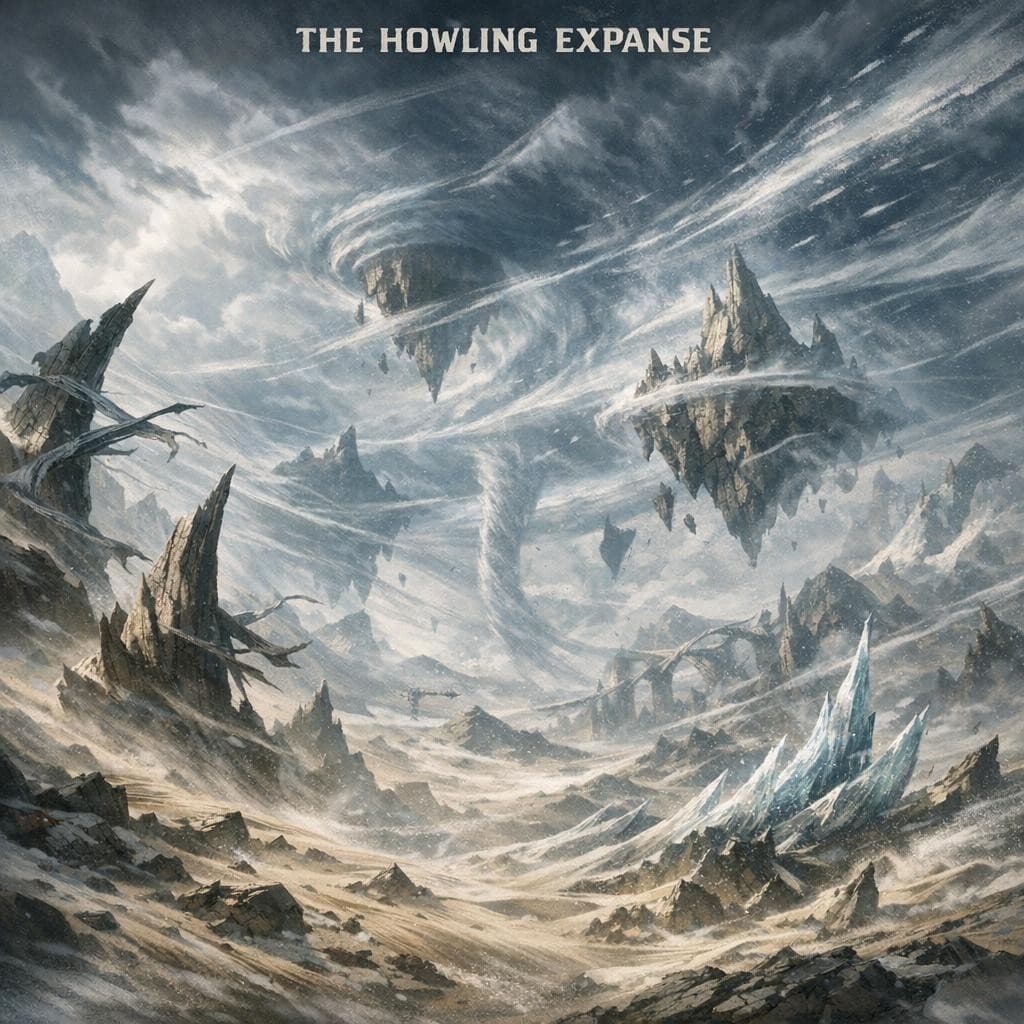 AI generated: Create a unique environment/Biome of a Wind → The Howling Expanse (constant powerful winds)

