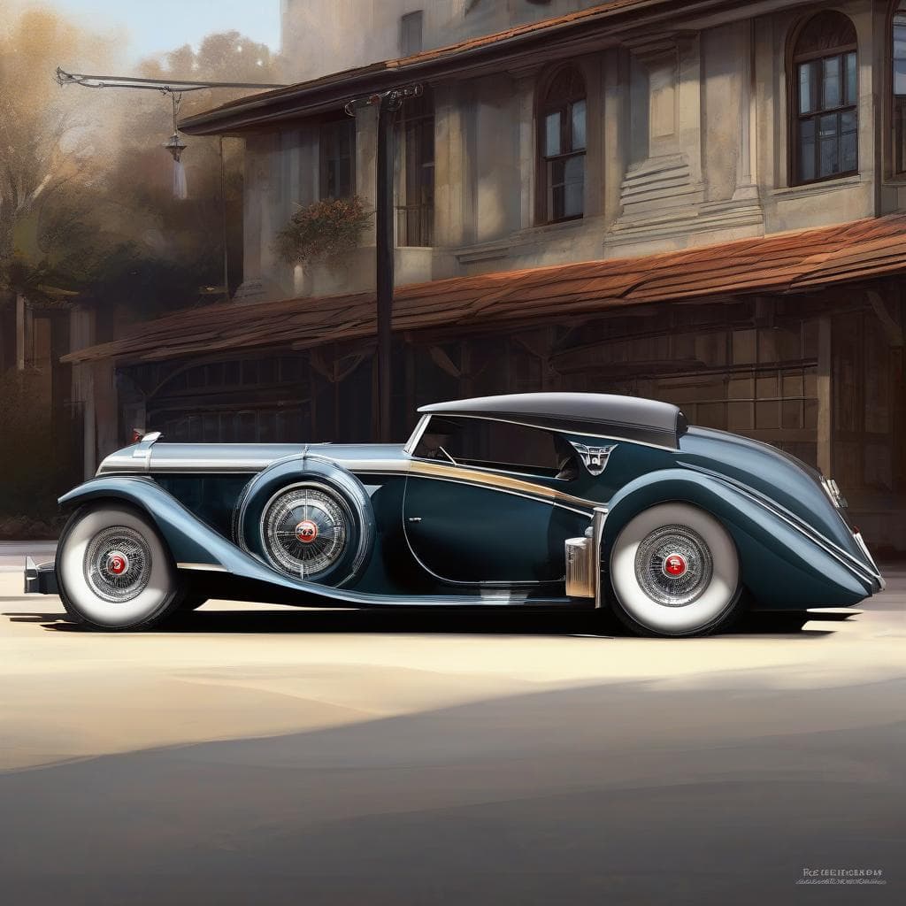 AI generated: A 1930s Batmobile, style of streamline moderne, painterly 1930s streetlife scenery, 3d, body symmetr...