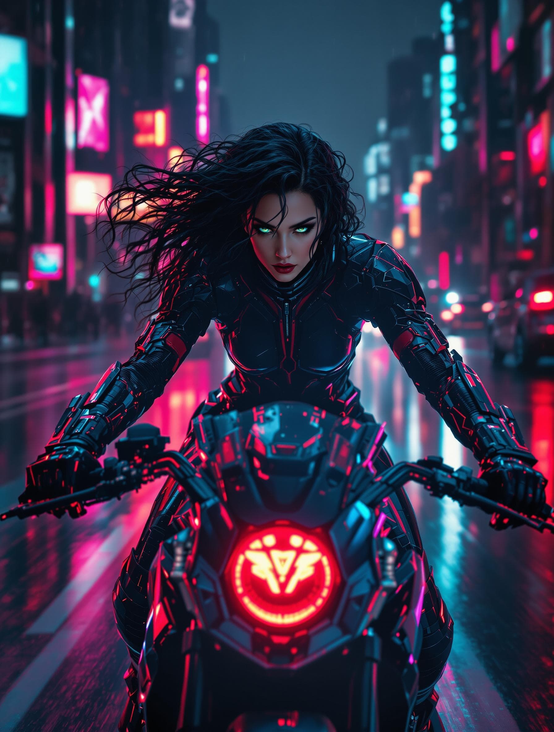 AI generated: a beautiful cyborg woman with long curly black her and beautiful stunning green eyes driving her nin...