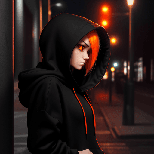 AI generated: side view beautiful emo girl in black hoodie hood up with orange highlights in haer. red eyes lookin...
