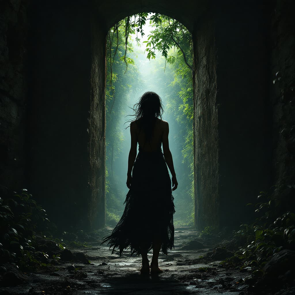 AI generated: Eve of the Bible, primitive girl stands frozen in terror as the gates of Eden close behind her, cast...