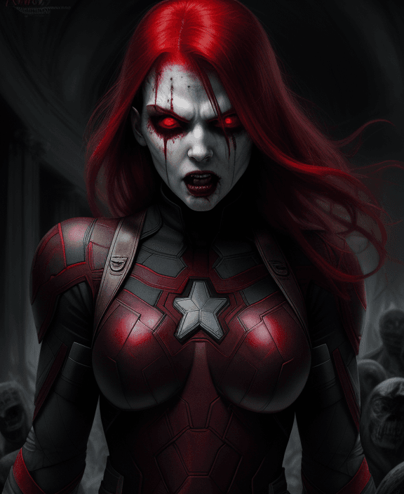 AI generated: Scary ancient Captain america Female superior ancient Strigoi vampire, red hair and red eyes,horror,...