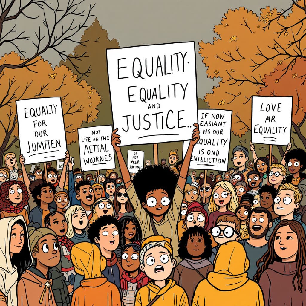 AI generated: list 2 linework illustration of a community rally with people in cartoon style (large different size...
