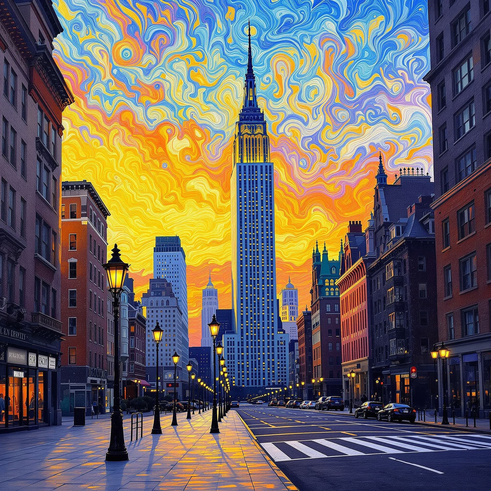 AI generated:  oil painting. Vincent Van Gogh in the style of palette ,New York City, with it tallest building at ...