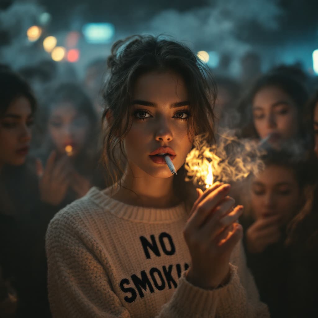 AI generated: photo of a pertty female with cigarette in her mouth,wearing knitted sweater with text "NO SMOKING"....