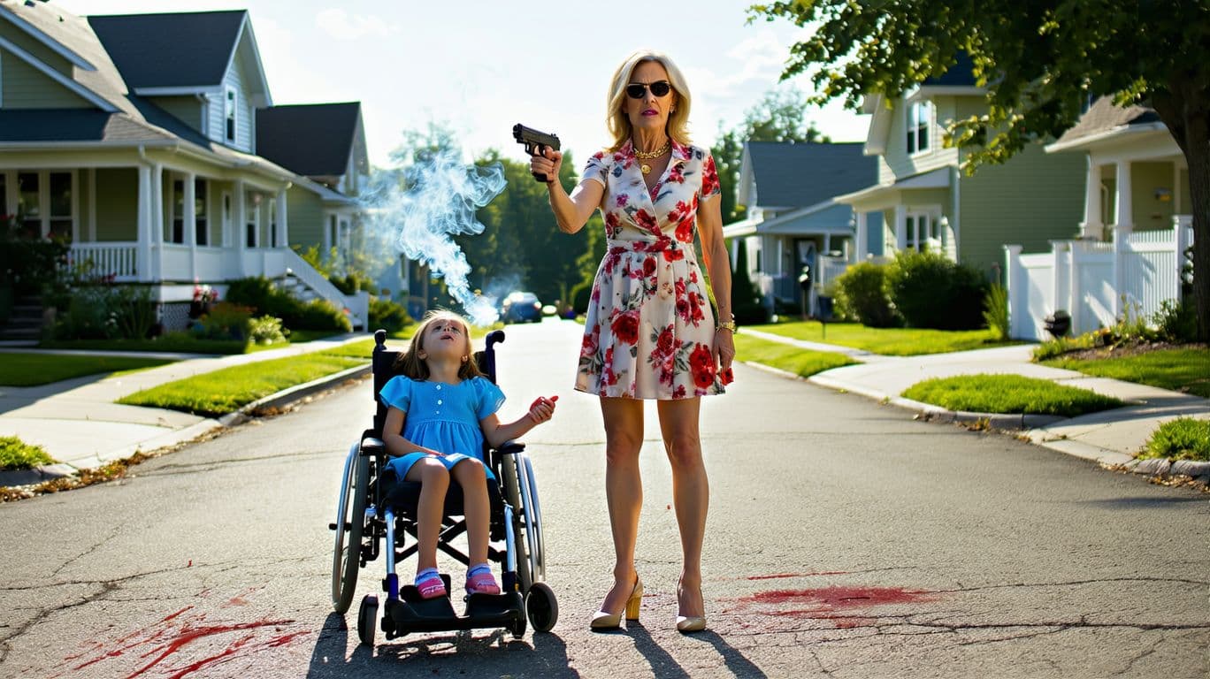 AI generated: Ultra-realistic 8K HDR cinematic shot: In the middle of a perfect sunny suburban street, a furious b...