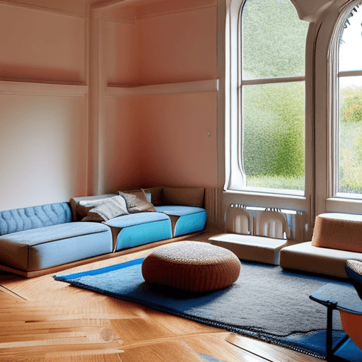 AI generated: High resolution photography interior design, dreamy sunken living room conversation pit, wooden floo...
