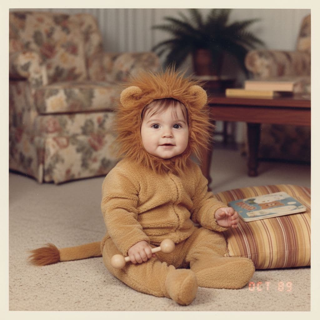 AI generated: make 6 months old baby picture from 1989, brown eyes, brown hair. lion costume
