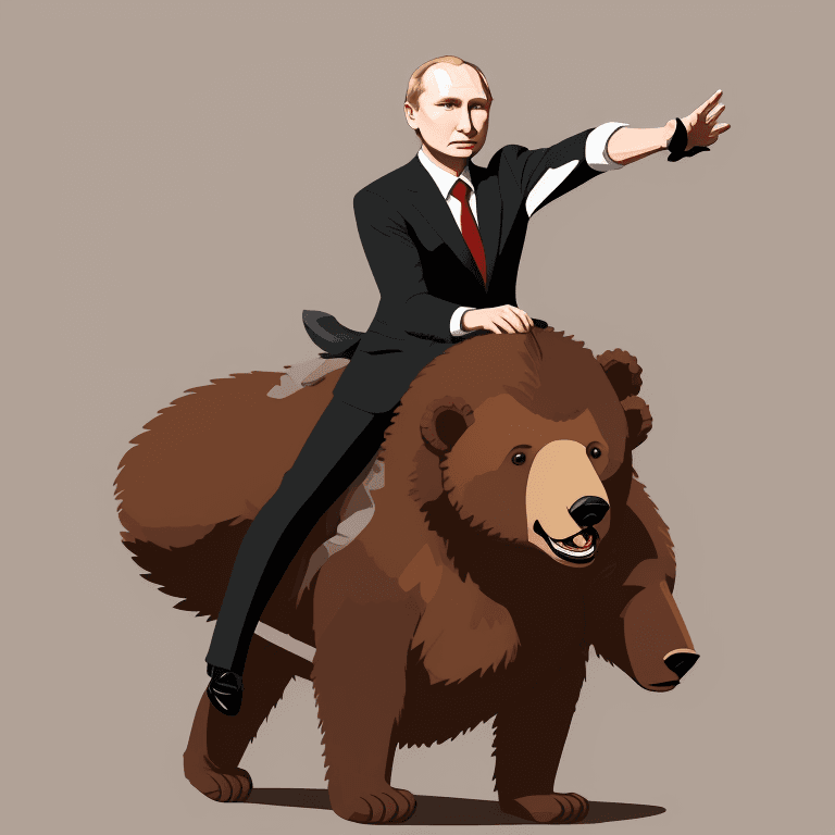 AI generated: Drawing vector of "Vladimir Putin" riding on a bear, sit on bear, vector illustration, watching at c...