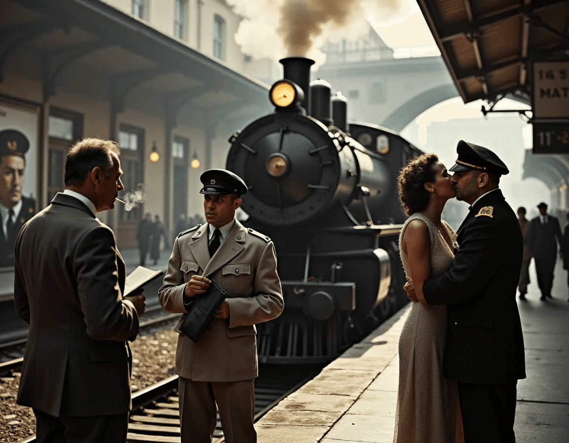 AI generated: A lively and intense debate unfolds on a railway platform at Romeâs central station in 1937. Gugli...