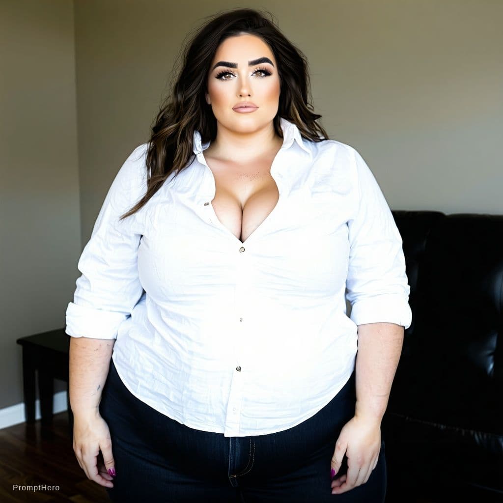 AI generated: Overweight Lauren Jauregui, Double Chin, Full body photo, tight white button shirt, some belly hang,...
