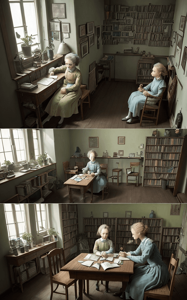 AI generated: Craft a poignant scene between Marie Curie and her sister, Bronislawa. Set it in their shared living...