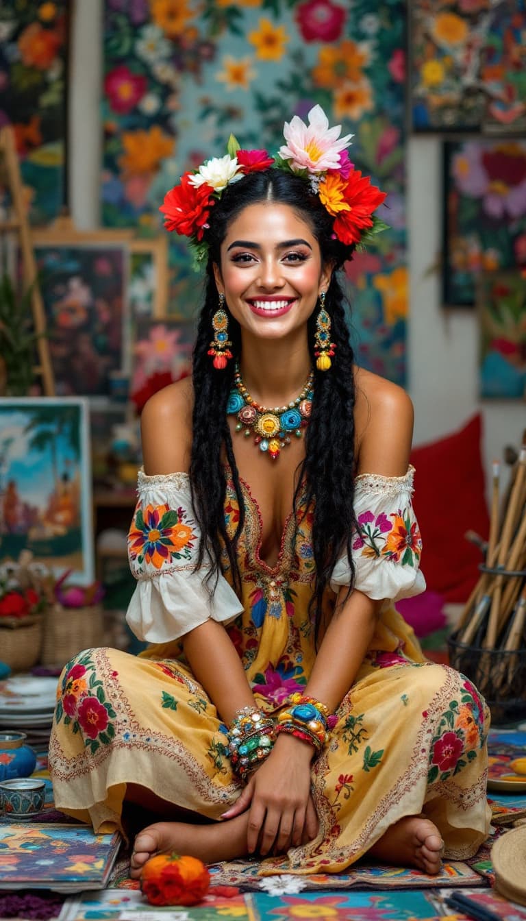 AI generated: An enchanting and vibrant portrait of a free-spirited Mexican artist. She sits cross-legged amidst a...