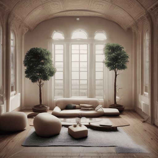 AI generated: High resolution photography interior design, dreamy sunken living room conversation pit, wooden floo...