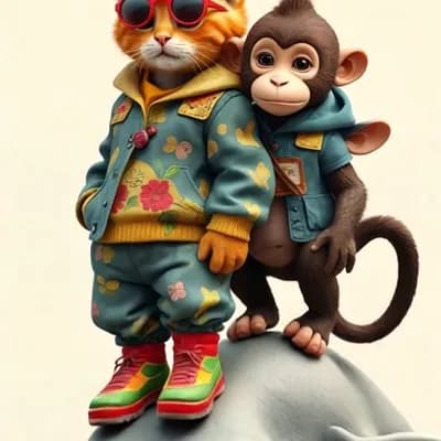 AI generated video: Cat and monkey slide on elephant's trunk, funny, stable 
