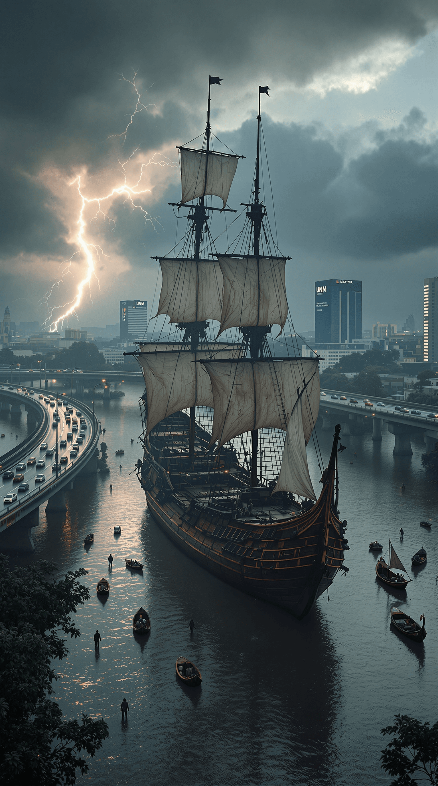 AI generated: Create a hyper-realistic bird’s-eye view of a 16th-century pirate ship stranded in the middle of a f...