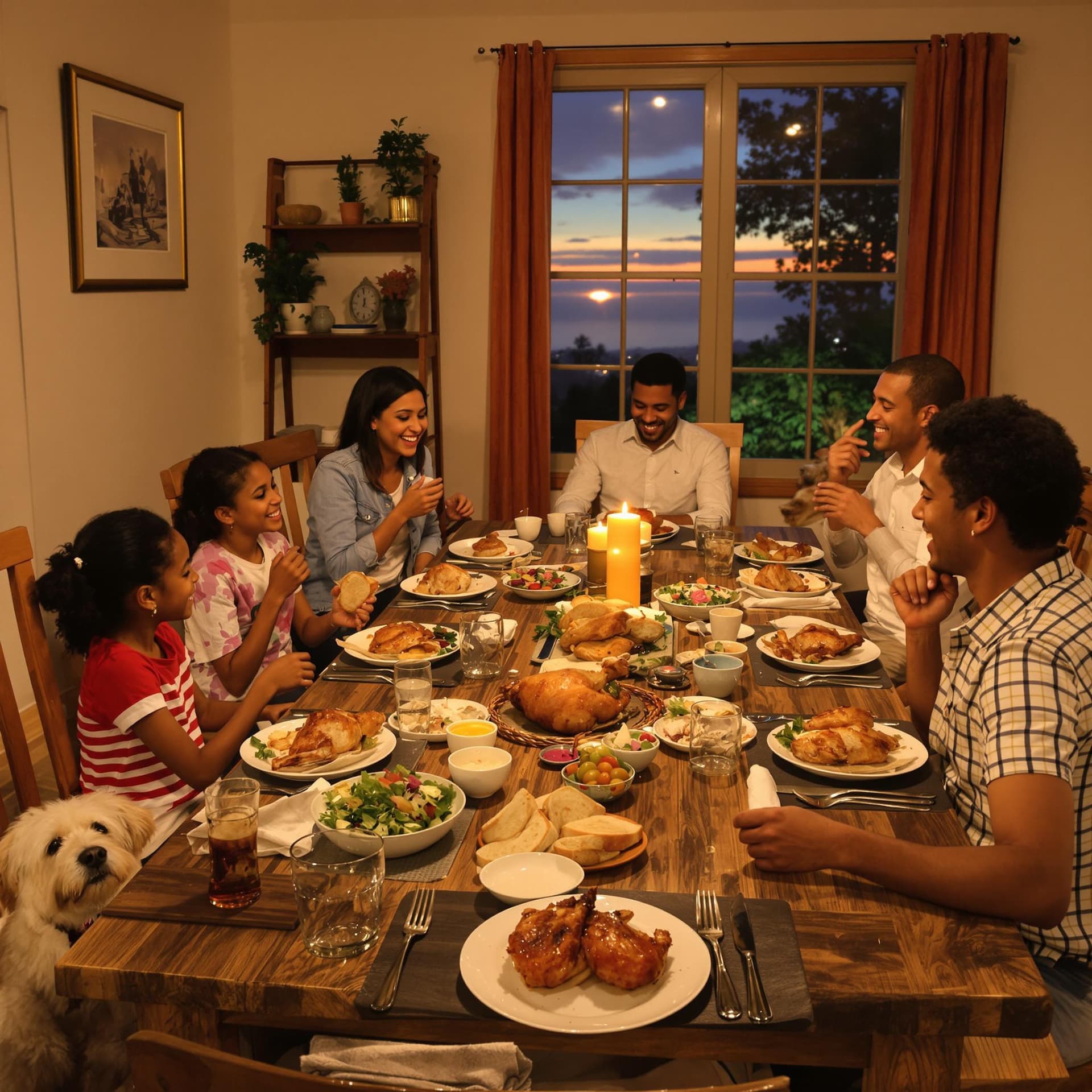 AI generated: Family dinner scene: "A warm and inviting family dinner scene with a large wooden dining table. Fami...