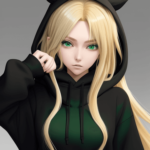 AI generated:  anime hot long blonde hair green eyes waifu in modern black hoodie big chested