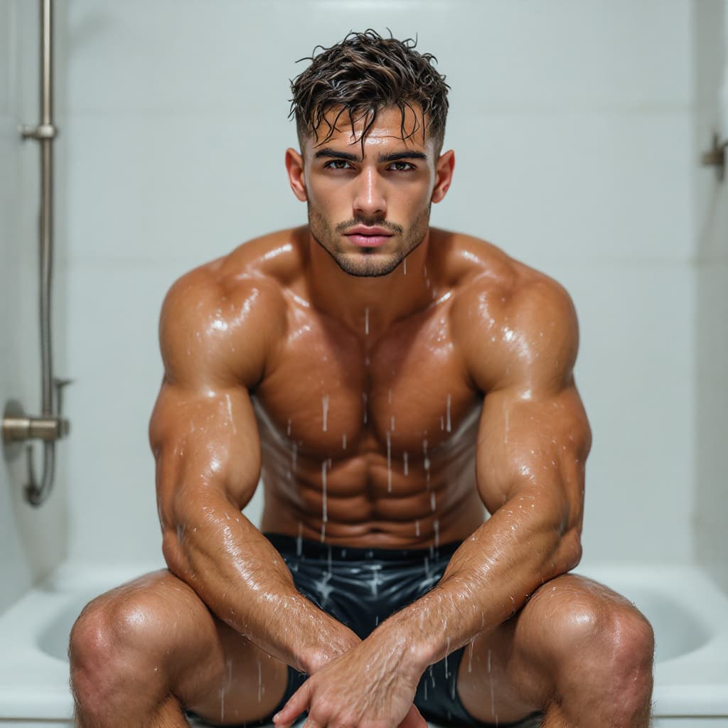 AI generated: A beautiful young muscular boy wearing a jock strap sitting barefooted in the shower soaking wet 