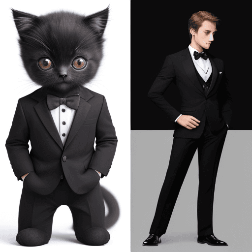 AI generated: Create a high-resolution, full-body animated image of a cute kitten wearing a black suit. The kitten...
