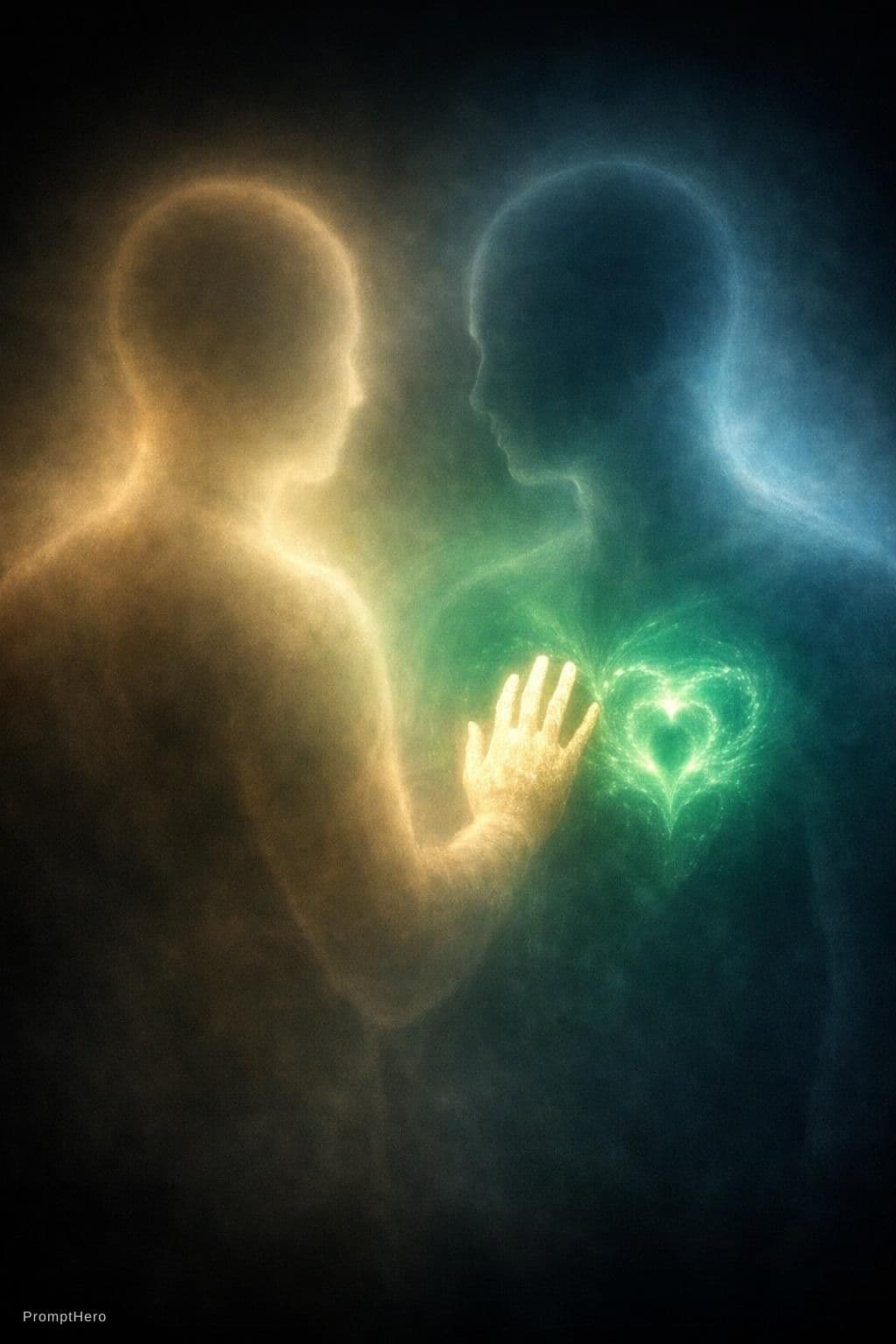 AI generated: Two faint human auras overlapping in ethereal space, one with a symbolic handprint imprinting compas...
