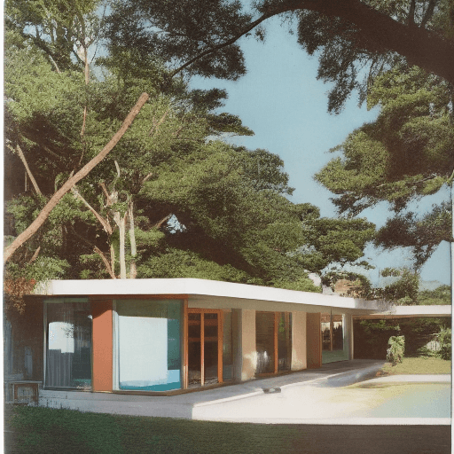 AI generated: Hyper realistic eye level exterior photo of a mid century modern style house overlooking the ocean, ...