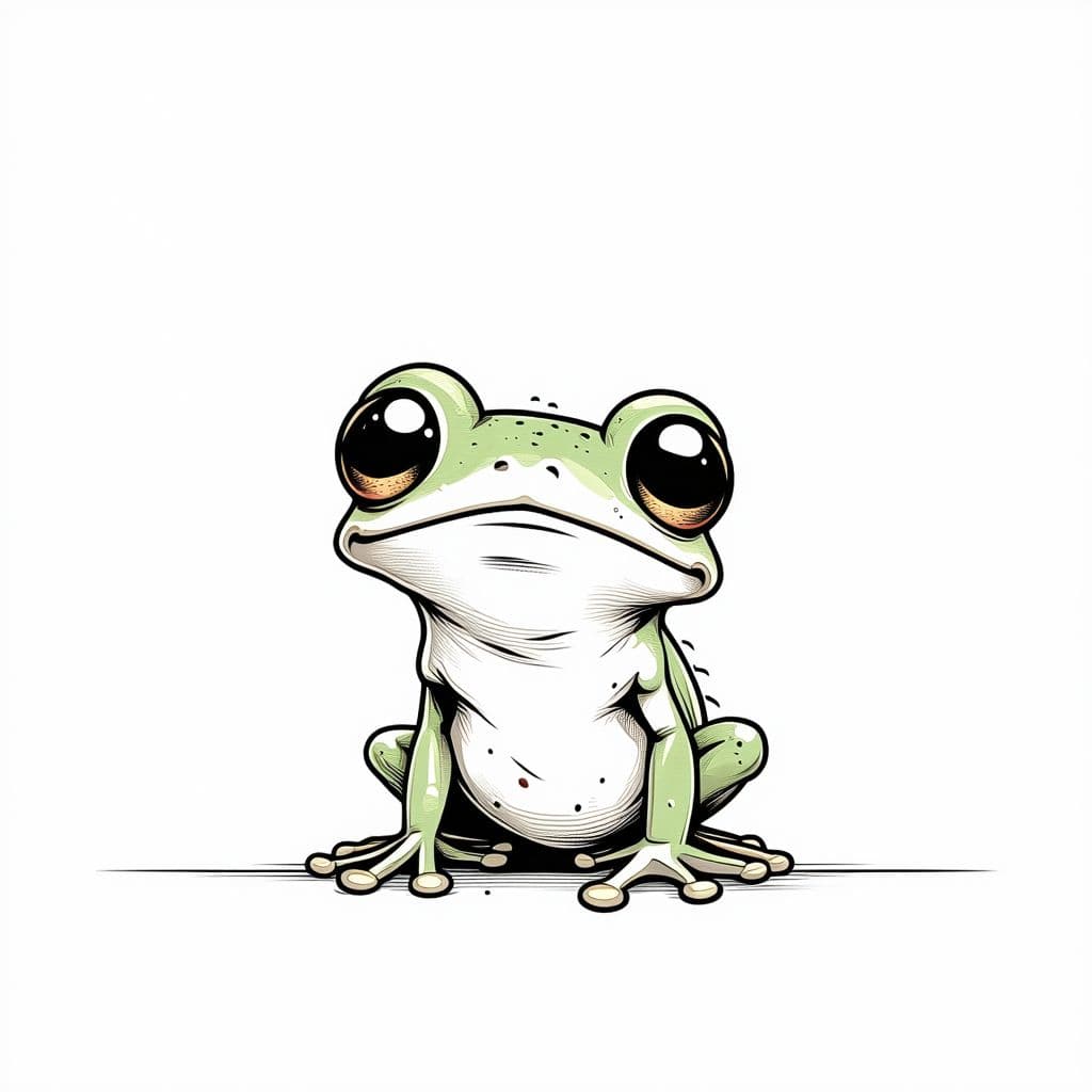 AI generated: A minimalist line drawing of a cute little goblin frog. Black lines on plain white background. T-shi...