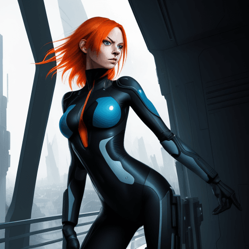 AI generated: aeon flux, orange hair, blue eyes, half body, interior, futuristic city, <lora:Aeon_Flux_Style-09:.6...