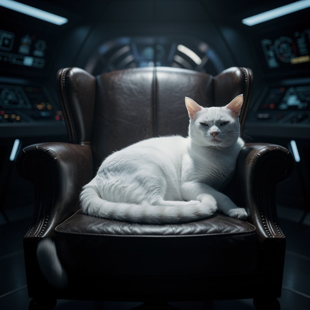 AI generated: genera una imagen de un gato blanco sobre un sillón, busco una estética de villano de james bond. qu...