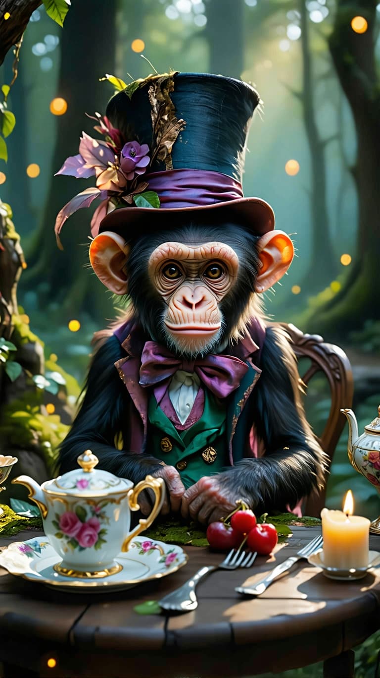 AI generated: a professional photo of a realistic of a pretty tween Miss Monkey dressed as the Mad Hatter is sitti...