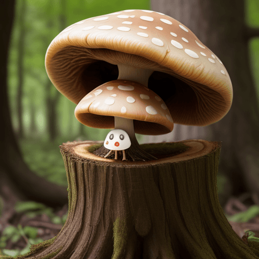 AI generated: Photo of a single cute mushroom with teeth eating dead tree as breakfast
